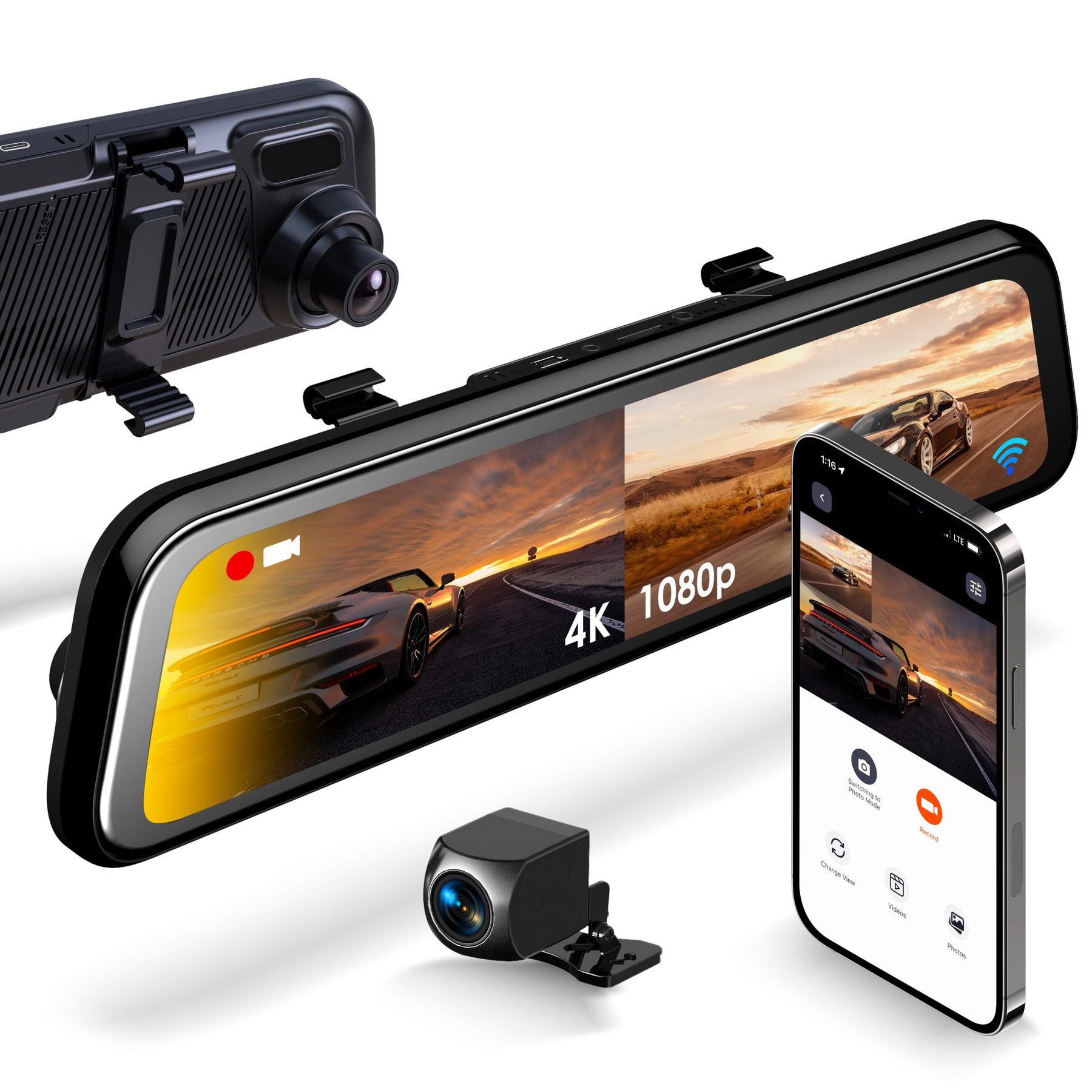 RexingUSA M2 MAX – 2-Channel Mirror Dash Cam w/ 12” IPS Touch Screen, 4K + 1080p, Wi-Fi, GPS, ADAS,Loop Recording, Backup Camera, Parking Mode, Collision Detection