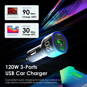 Rexing 120W USB C Triple Port Car Charger with Cable Included