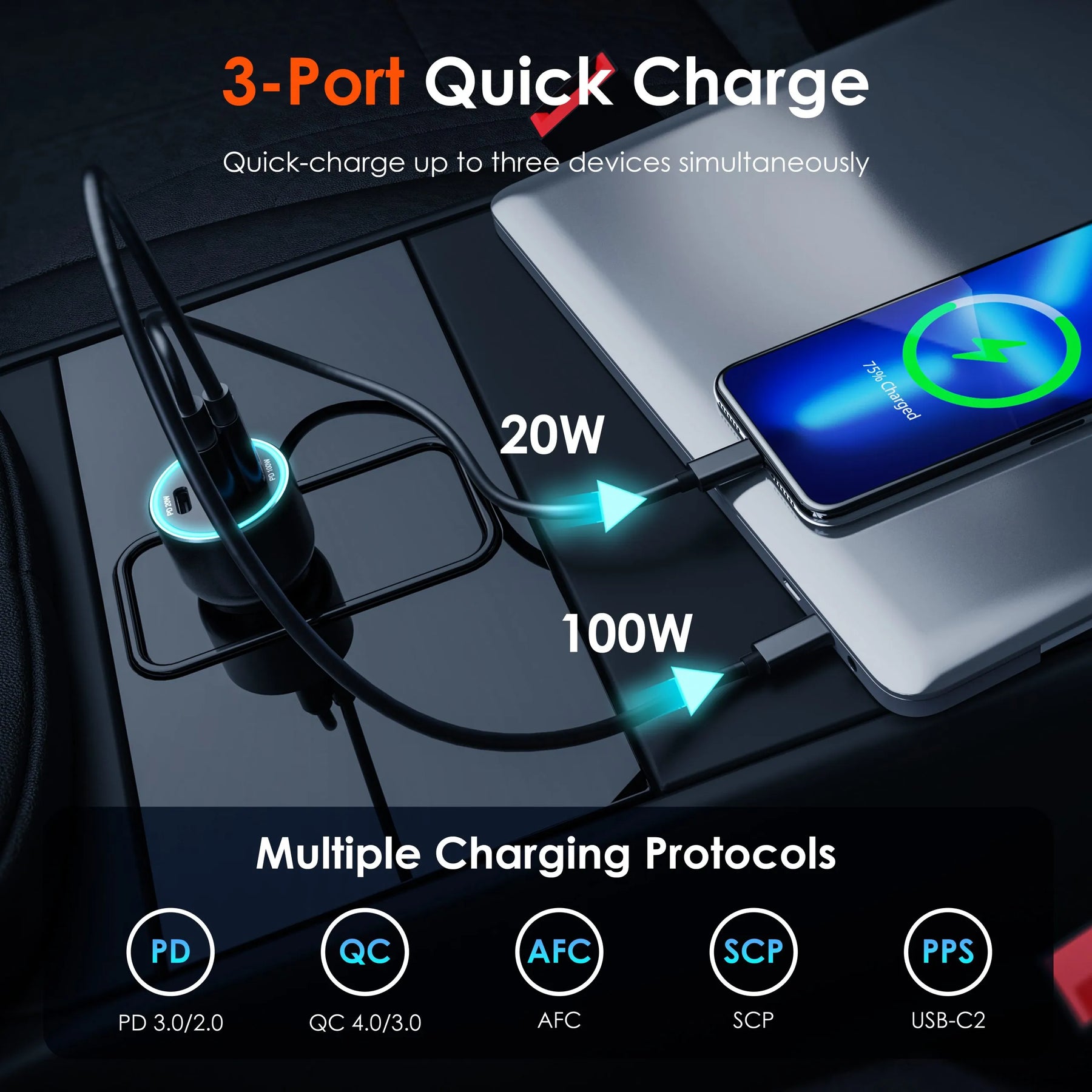 Rexing 120W USB C Triple Port Car Charger with Cable Included