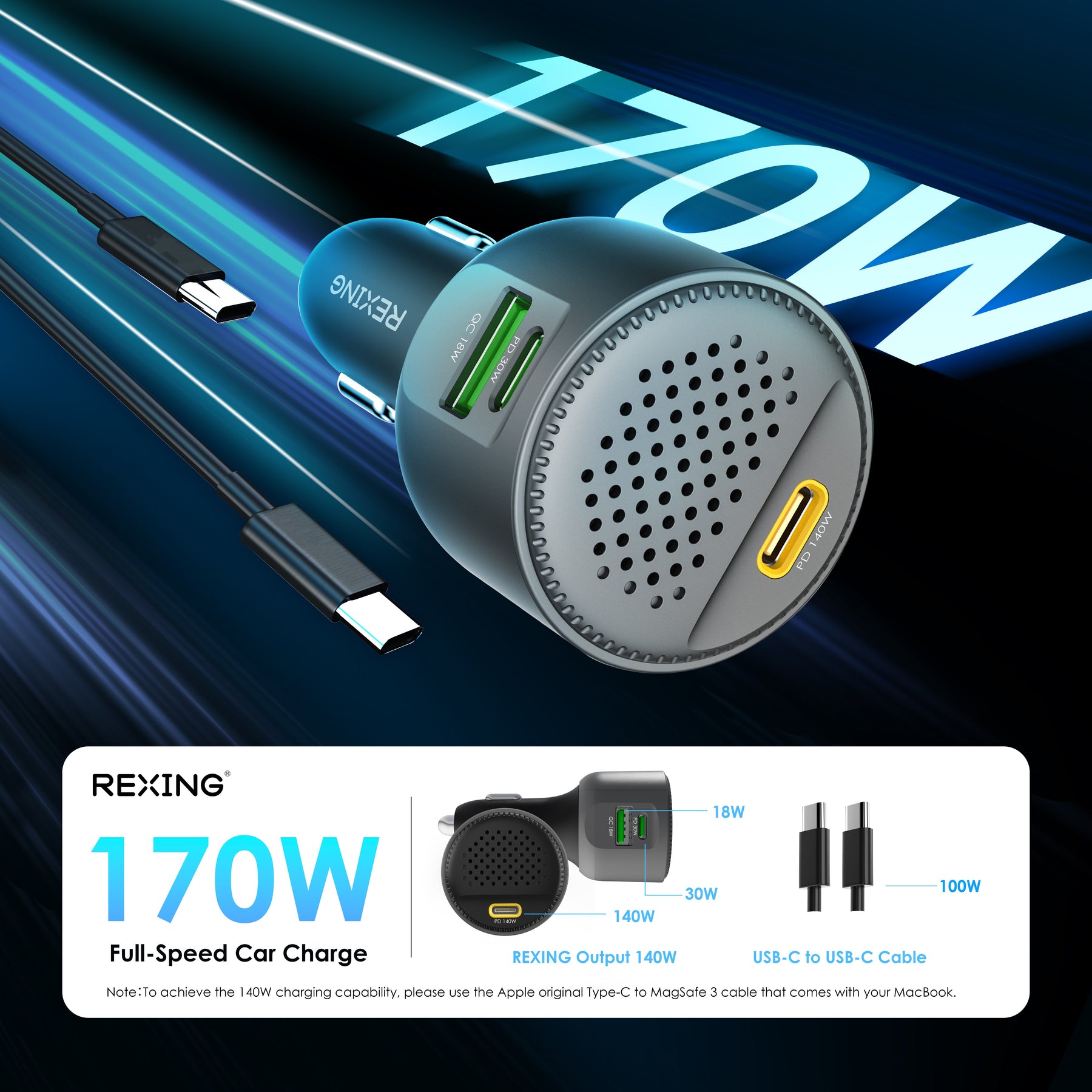 Rexing 170W 3-Port Power Adapter USB C Car Charger with 140W USB-C PD, 30W USB-C, 18W USB-A Quick Charge with Cables Included