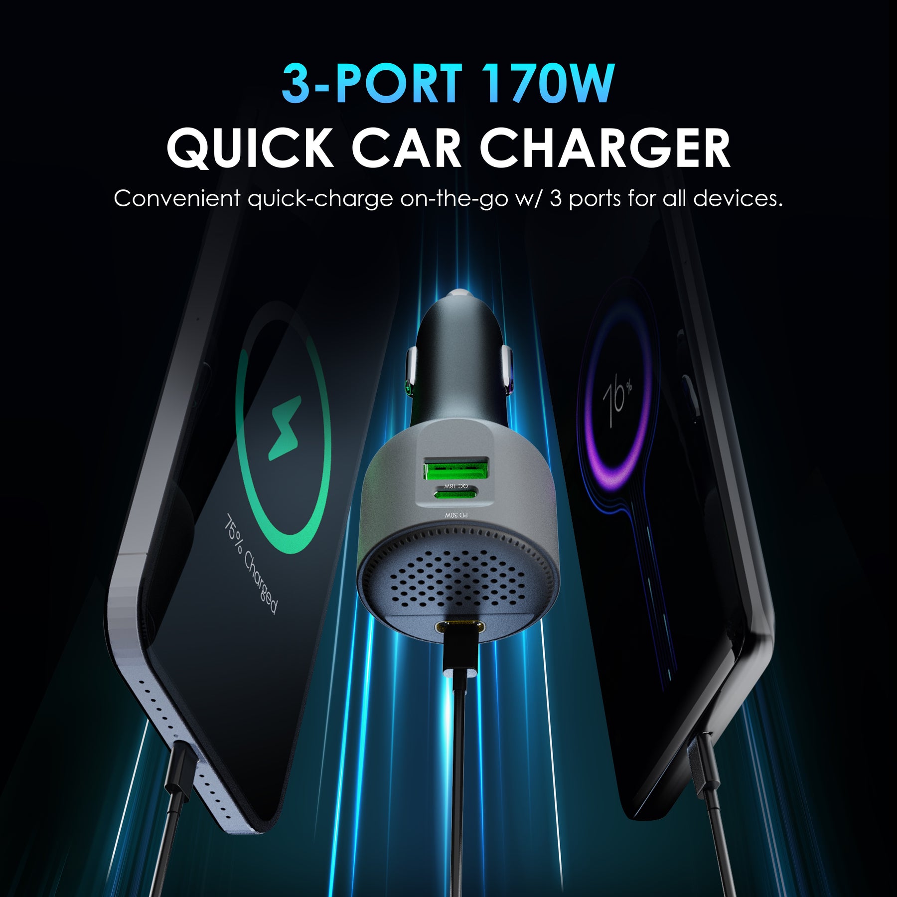 Rexing 170W 3-Port Power Adapter USB C Car Charger with 140W USB-C PD, 30W USB-C, 18W USB-A Quick Charge with Cables Included