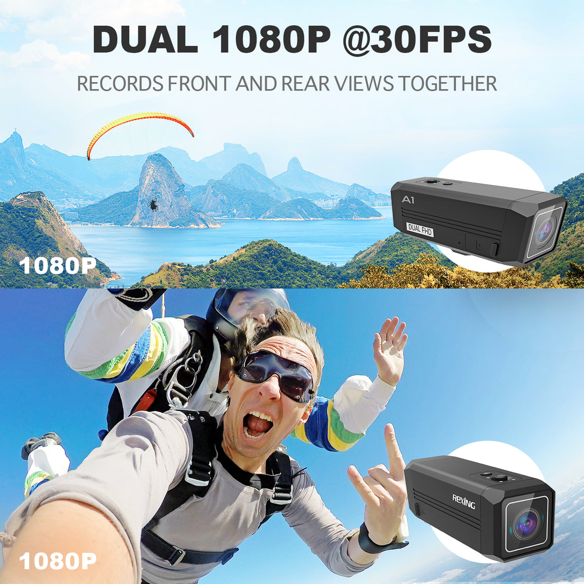 Rexing A1 Two Way Action Camera Front & Back 1080p@30fps with Wi-Fi Connect