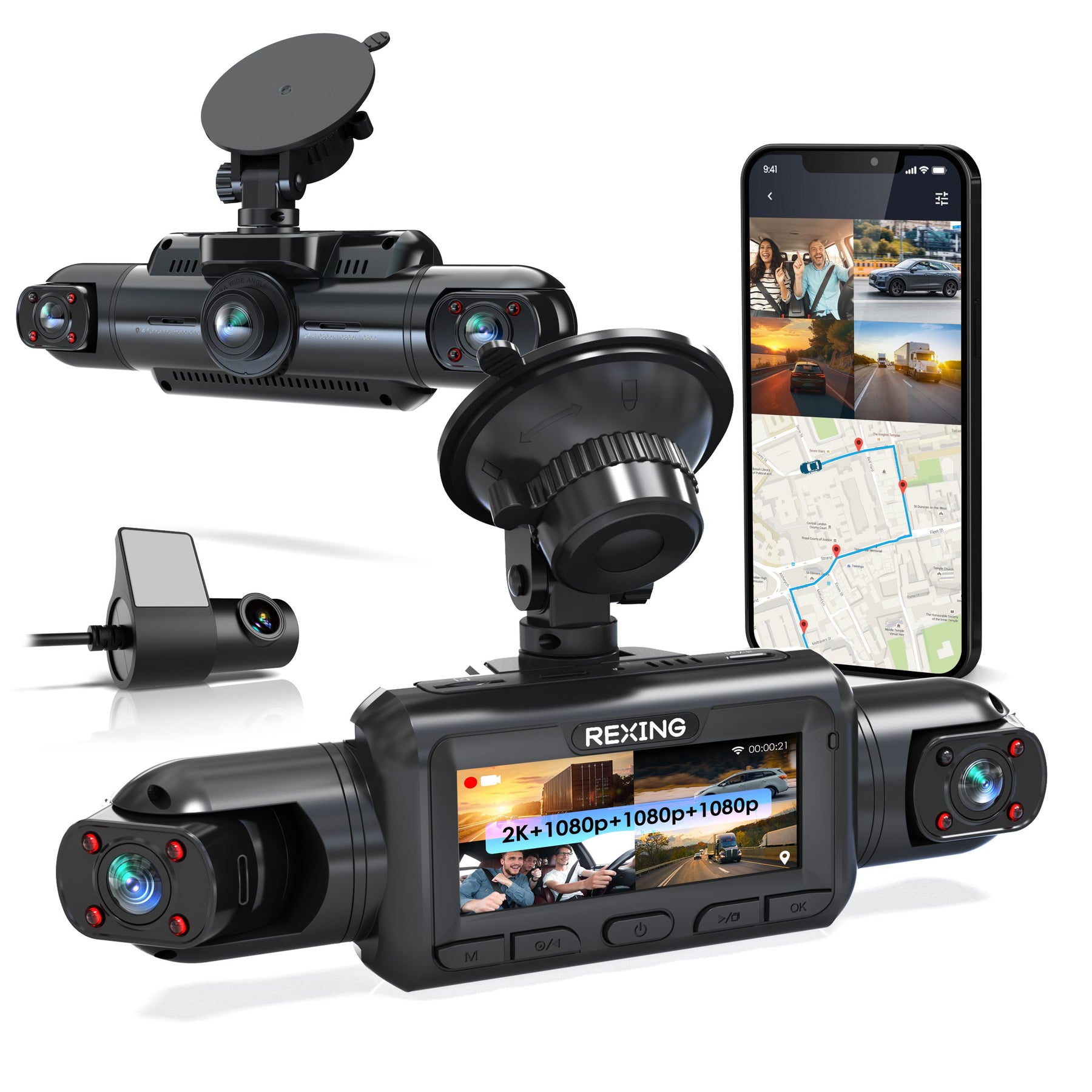 Rexing L4 Series 4-Channel Dash Cams with Ultra-Wide Angle, Wi-Fi, Night Vision, and GPS, App Control, Loop Recording, Collision Sensor