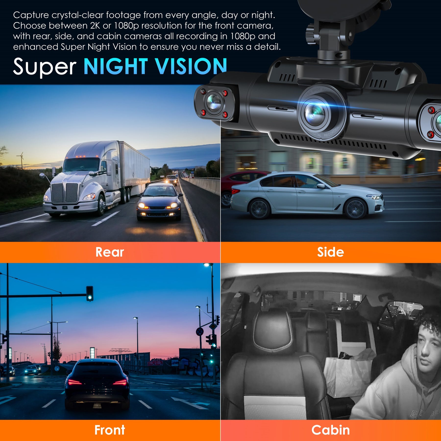 Rexing L4 Series 4-Channel Dash Cams with Ultra-Wide Angle, Wi-Fi, Night Vision, and GPS, App Control, Loop Recording, Collision Sensor