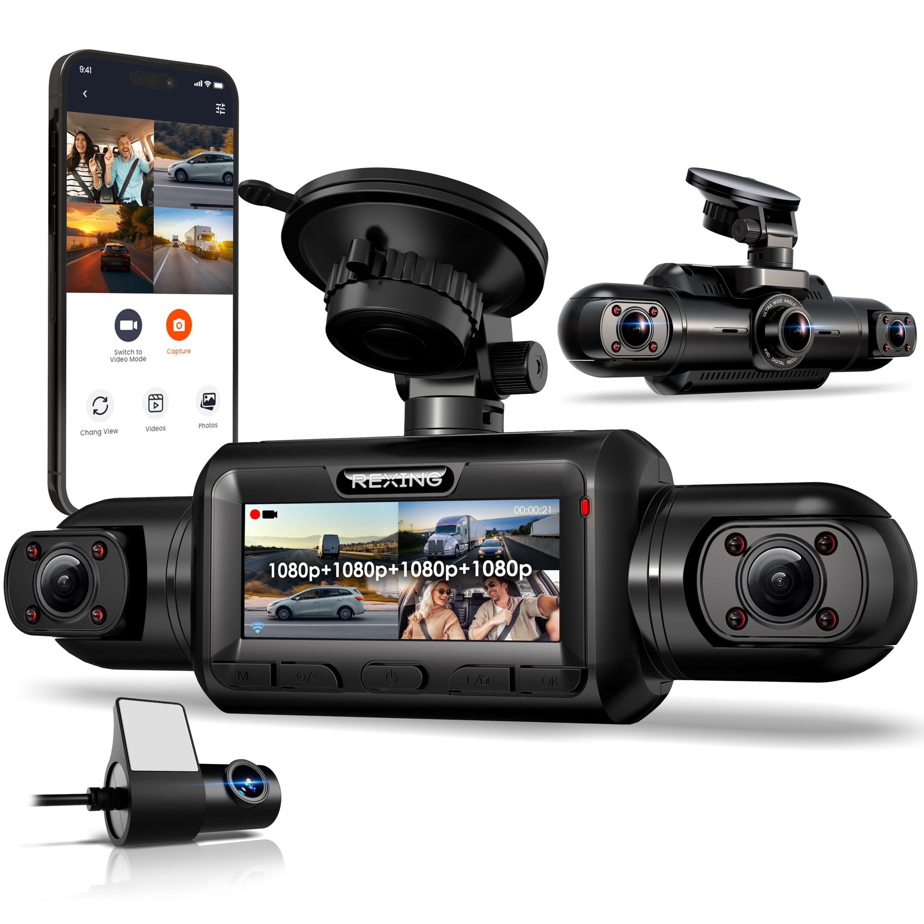 Rexing L4 Series 4-Channel Dash Cams with Ultra-Wide Angle, Wi-Fi, Night Vision, and GPS, App Control, Loop Recording, Collision Sensor