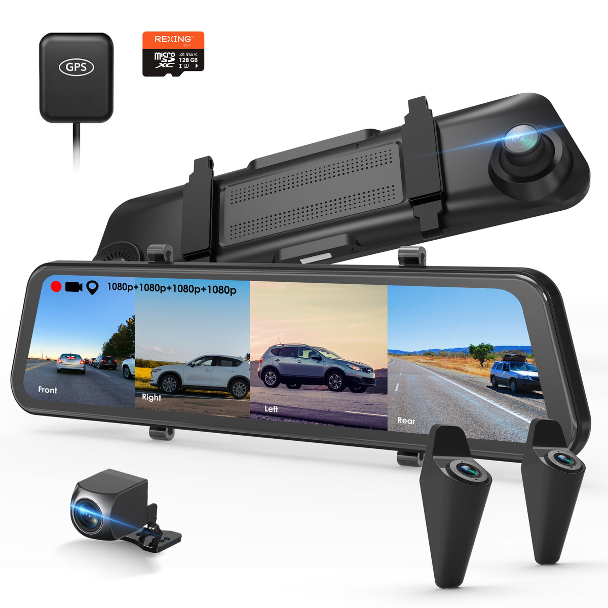 REXING M2-4 4-Channel Mirror Dash Cam, 12” Touch Screen, 1080p with GPS