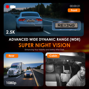 REXING RH2 Triple Channel Dash Cam – 2.5K Front and Dual 1080p Rear Cameras with Wi-Fi, and Optional GPS