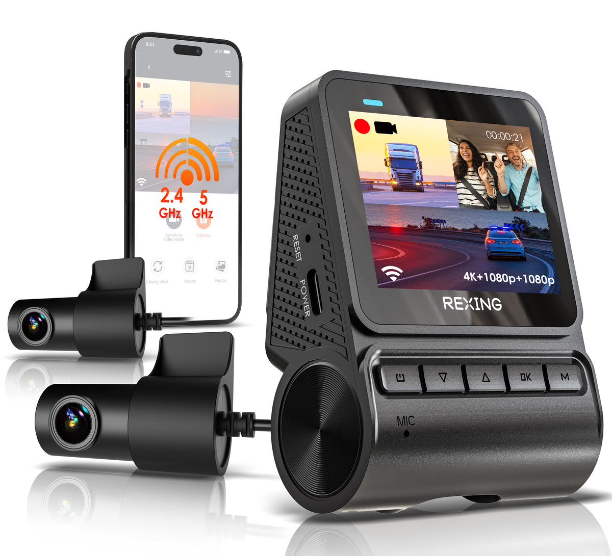 REXING RH2 Triple Channel Dash Cam – 2.5K Front and Dual 1080p Rear Cameras with Wi-Fi, and Optional GPS