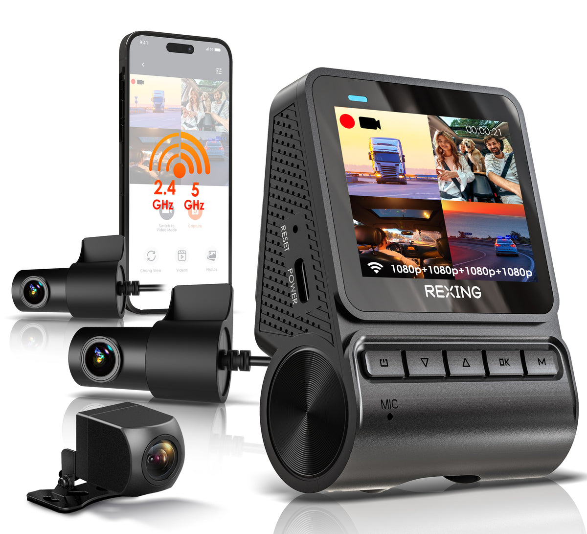 REXING RH2-4 Quad-Channel Dash Cam – 1080p Front, Rear, Cabin, and Exterior Coverage with Wi-Fi, and Optional GPS