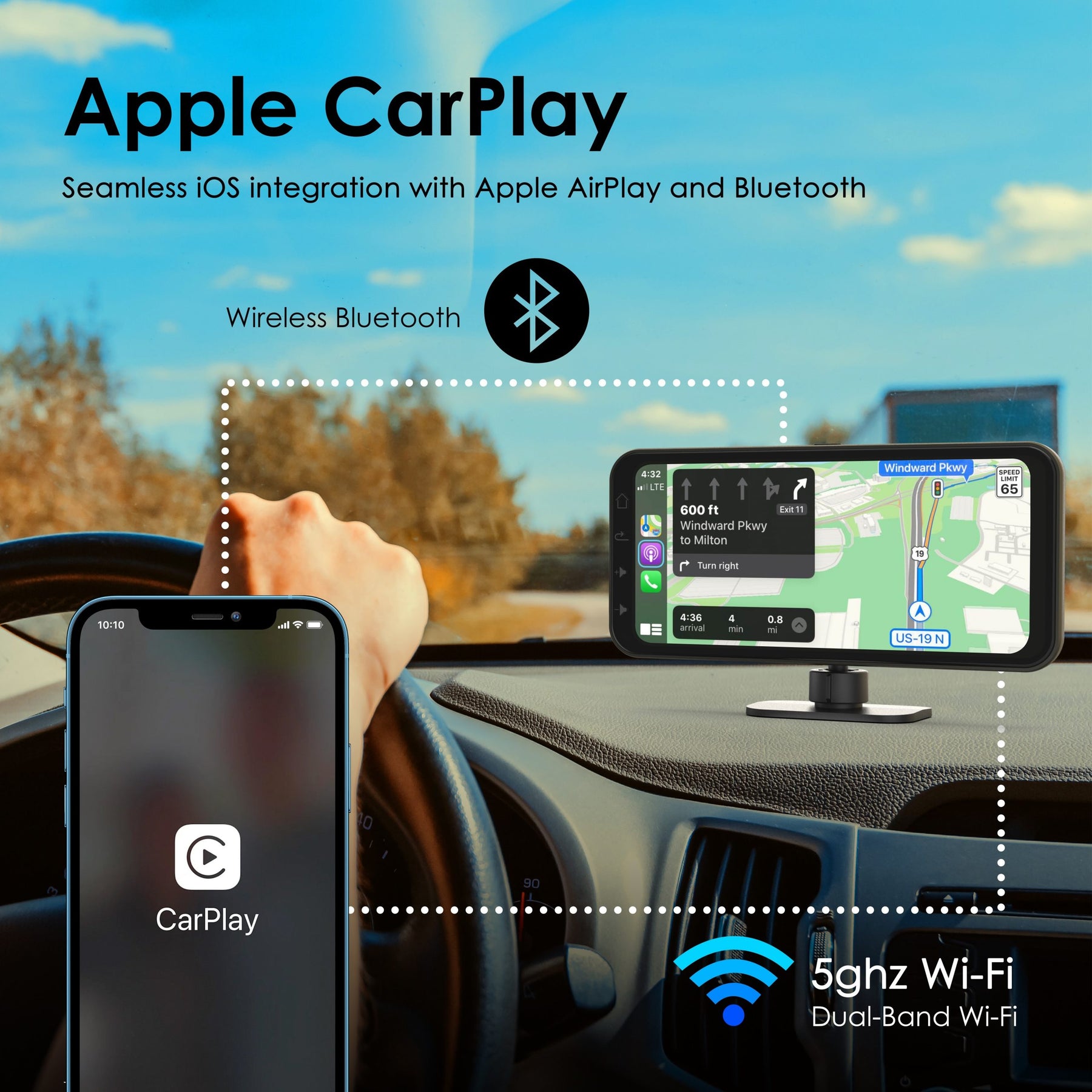 REXING Wireless Multimedia Receiver RoadMate CPDuo – CarPlay + Android Auto + Dash Cam Feature