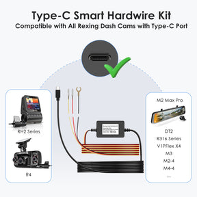 Rexing Dash Cam Smart Hardwire Kit, Type-C Hard Wire Kit Fuse Only for R4, DT2, M3, M2 Max, M2-4, M4-4, and RH2 Series, Rexing 12V-30V to 5V/2A Type-C Port Charger Power Cord, Gift 8 Fuse Tap Cable and Installation Tool (11.5ft)