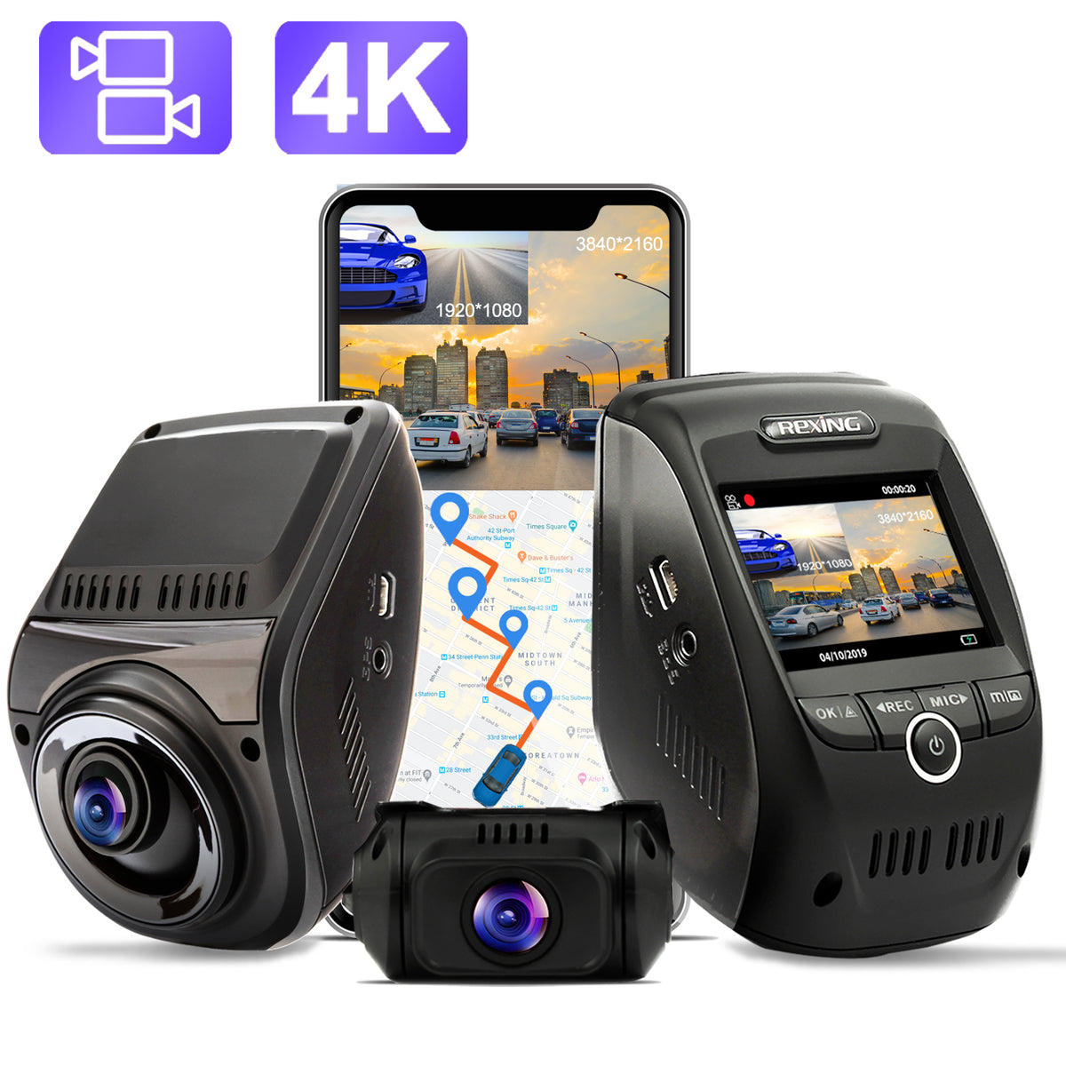 Rexing V1P Max 4K UHD Dual Channel Dash Cam 4K 3840×2160 Front + 1080p Rear with Wi-Fi and GPS