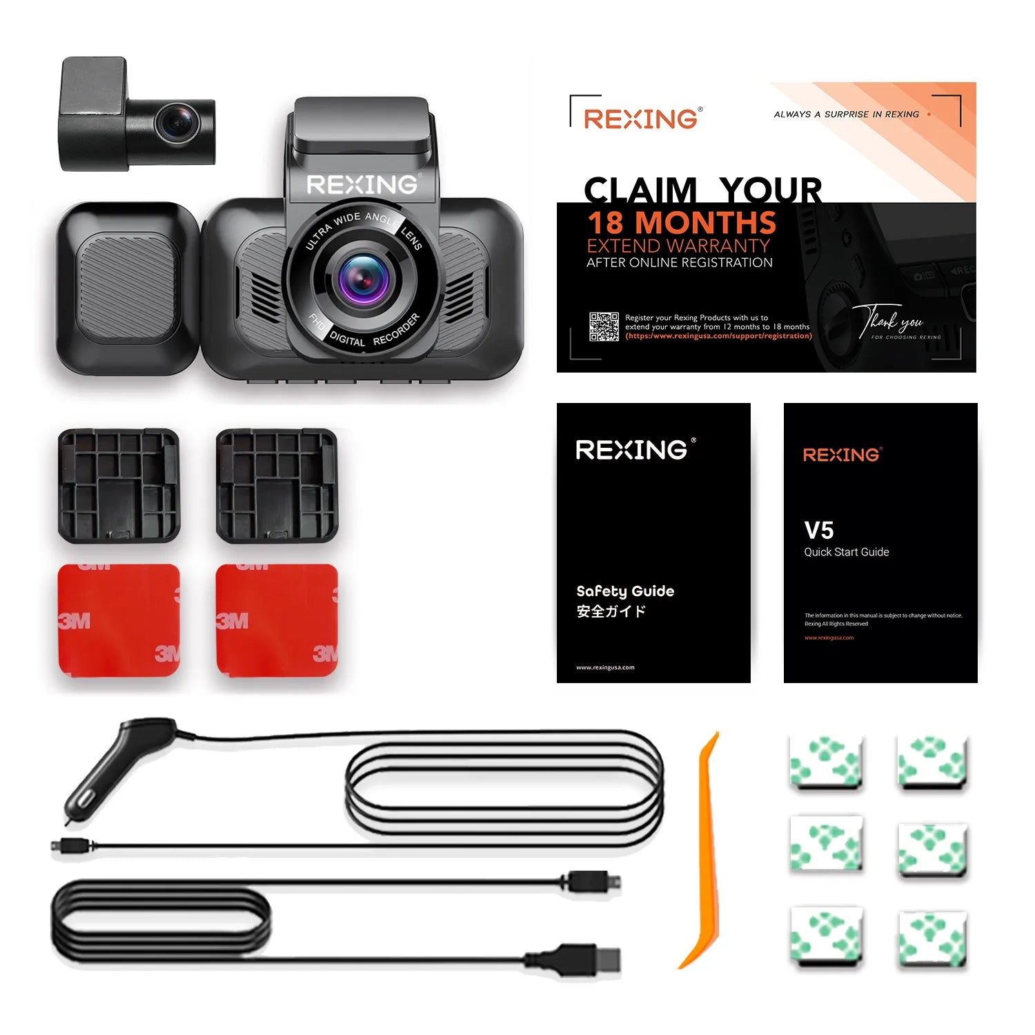 Rexing V5 Bundle Dash Cam 3-Channel Premium 4K with Wi-Fi and GPS