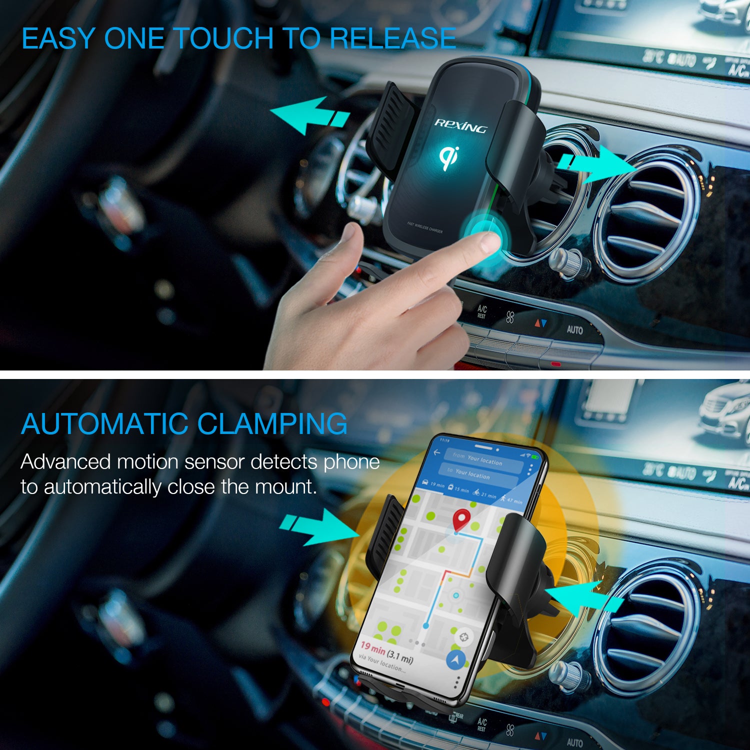 Rexing X5 Motorized Wireless 15W/7.5W Qi Charging Car Mount w/Auto Sensing Automatic Clamping