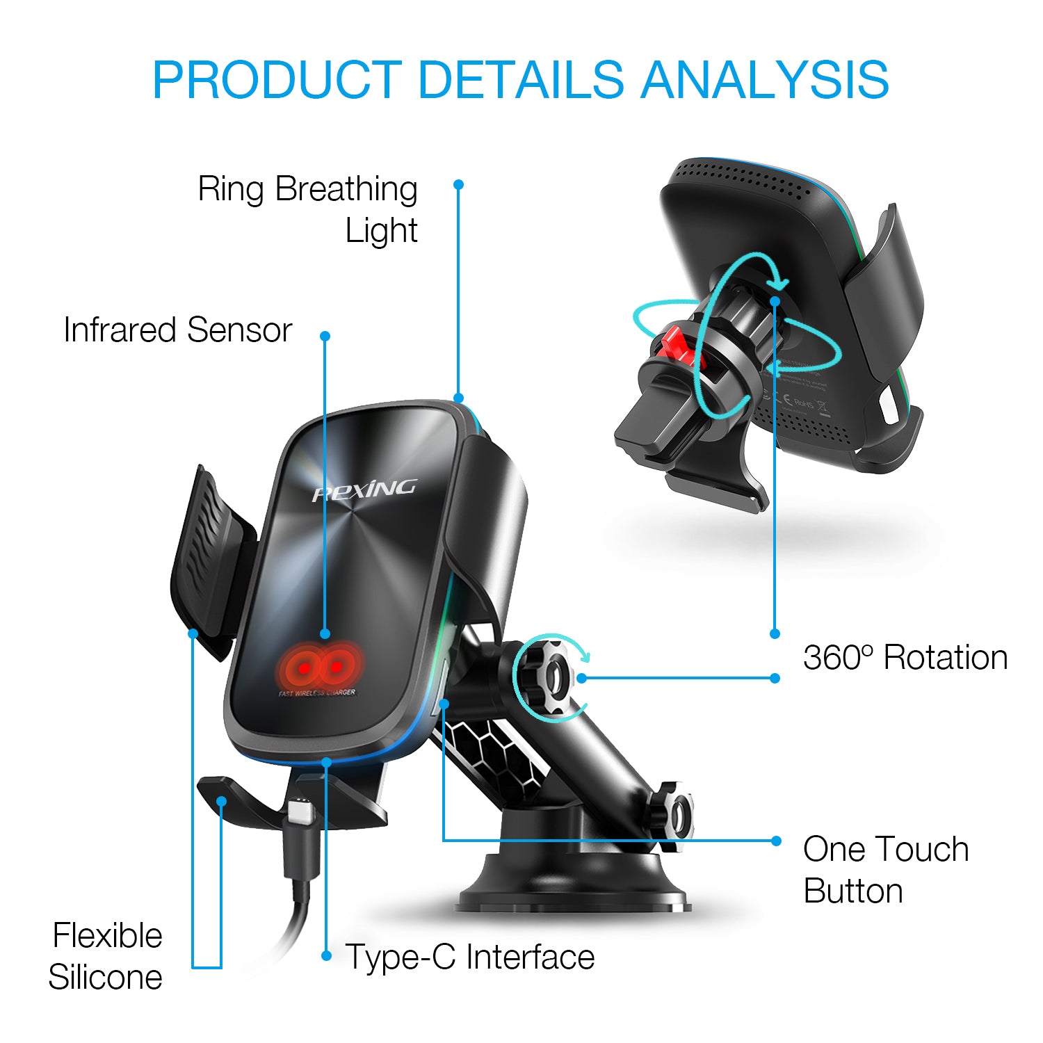 Rexing X5 Motorized Wireless 15W/7.5W Qi Charging Car Mount w/Auto Sensing Automatic Clamping