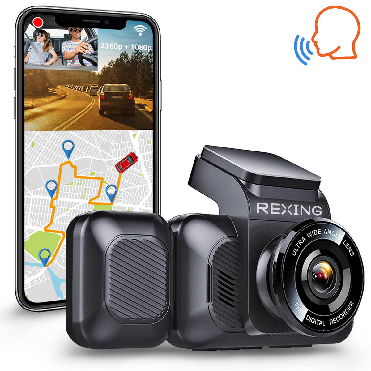 REXING V5C Basic Dash Cam Front 4K & 1080p Cabin Camera w/ Modular Capabilities, WiFi, and GPS