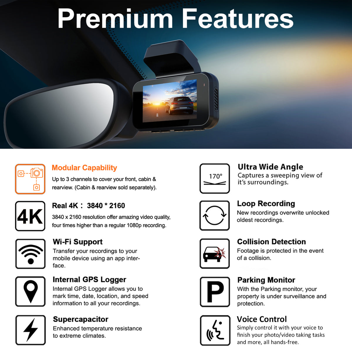 REXING V5C Basic Dash Cam Front 4K & 1080p Cabin Camera w/ Modular Capabilities, WiFi, and GPS