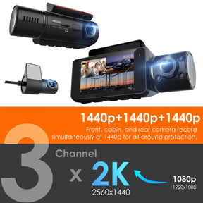 Rexing V33 3 Channel 1440p+1440p+1440p Front, Cabin and Rear Camera Dashcam with Built-in Wi-Fi & GPS