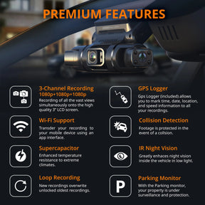 Rexing S3 3-Channel Dash Cam Front, Cabin, Sides 1080P+1080p+1080p with Wi-Fi and GPS