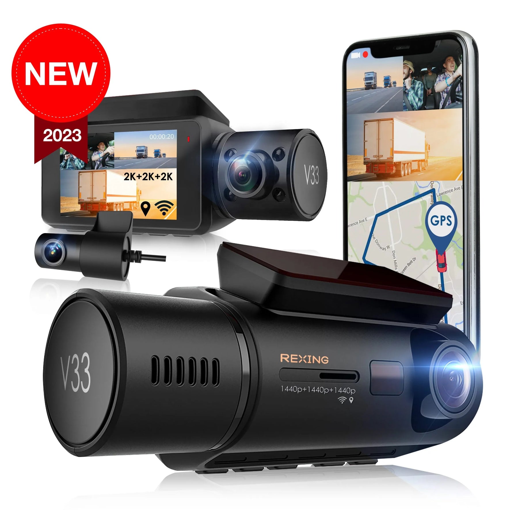 Rexing V33 3 Channel 1440p+1440p+1440p Front, Cabin and Rear Camera Dashcam with Built-in Wi-Fi & GPS